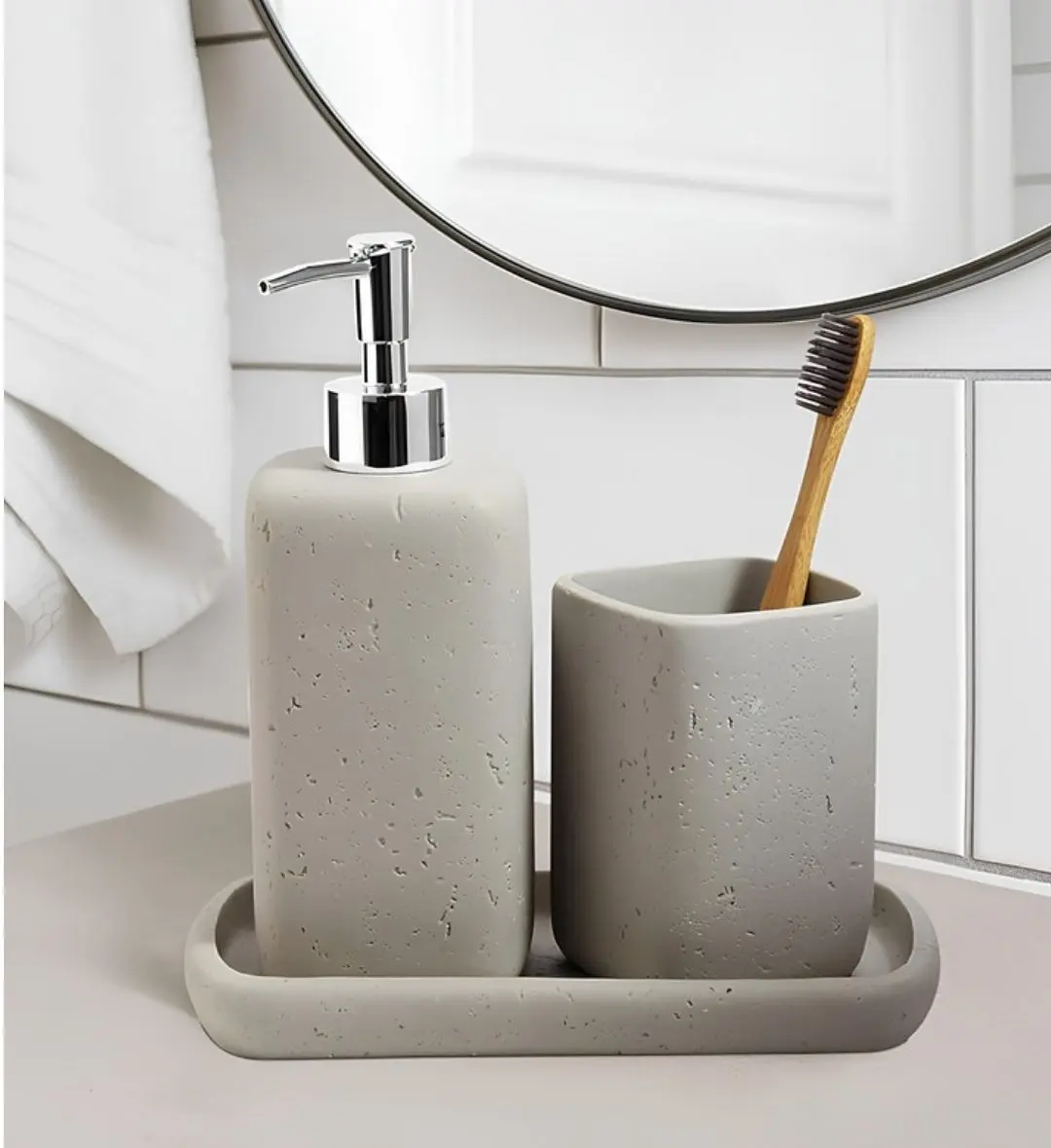Bath Set 3pcs | Soap Dispenser, Toothbrush Holder & Tray – 4610 (Soap Dispenser: 7.4 × × 7.4 × × 20.3 cm (230 ml); Toot...